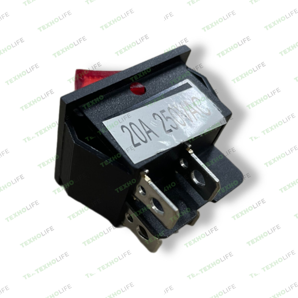 Выключатель клавишный, 20A, 250V (4-х контакт.), красный, с подсветкой